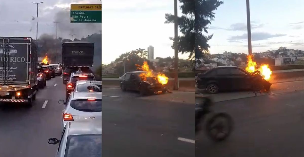 Carro pega fogo ao colidir com moto no Anel Rodoviário próximo à Pampulha
