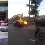 Carro pega fogo ao colidir com moto no Anel Rodoviário próximo à Pampulha