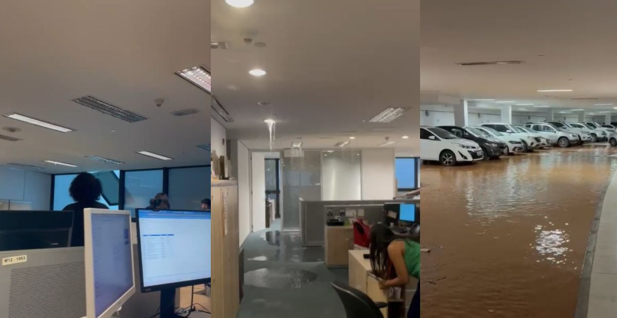 Temporal em BH arranca janela, alaga sala e estacionamento na Cidade Administrativa
