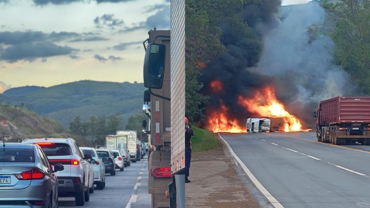 Com carreta em chamas, BR-040 tem congestionamento de 5km em Itabirito (MG)
