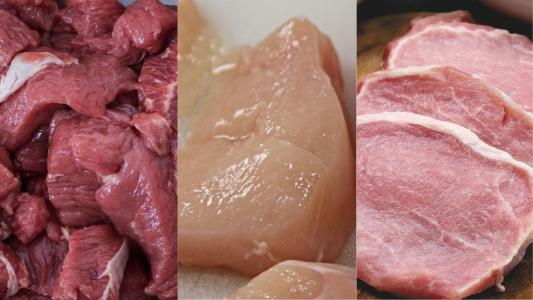 Carne bovina, frango e suíno