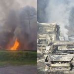 Carreta com combustível pega fogo, atinge vários carros e interdita BR-101 em Palhoça (SC)