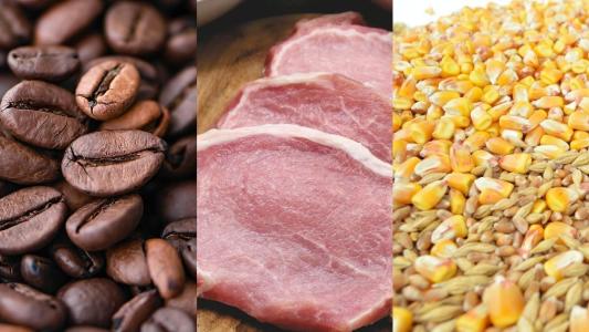 Café, carne suína, milho em grãos