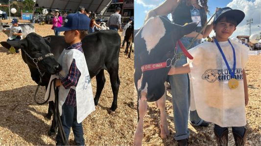 Crianças com bezerros na pista de julgamento do Parque da Gameleira, em Belo Horizonte