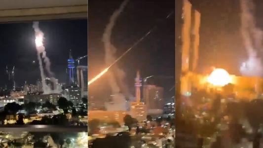 Três imagens mostram o rastro do míssil até atingir um prédio