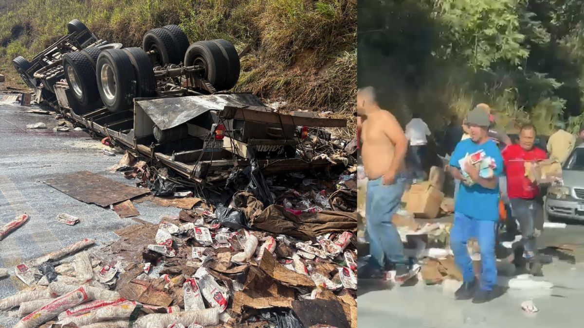 Caminhão tomba e tem carga saqueada em Nova Era, na região central de Minas