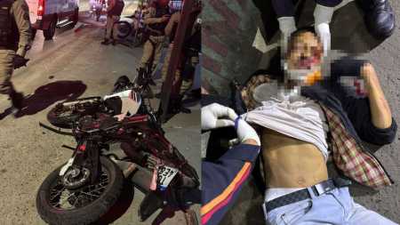 Moto caída no chão e criminoso machucado