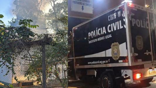 Imagem de fumaça saindo da casa e rabecão levando o corpo