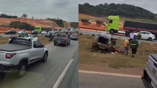 Imagens mostram o carro capotado na BR-381