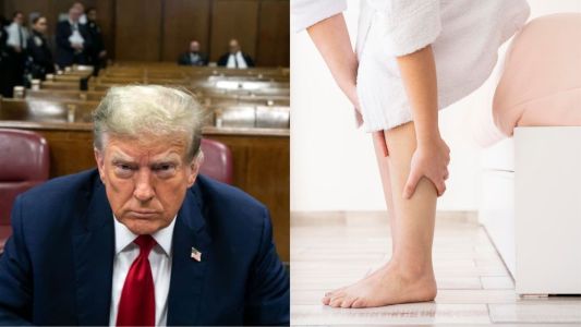 Donald Trump e pessoa com mão na panturrilha