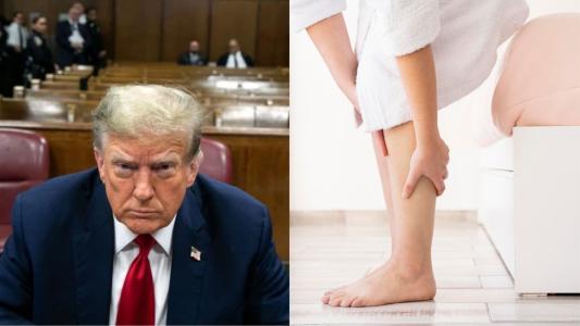 Donald Trump e pessoa com mão na panturrilha