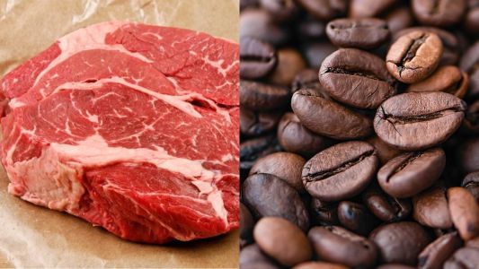 Carne bovina e grãos de café