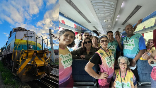 montagem mostra trem da vale e viajantes