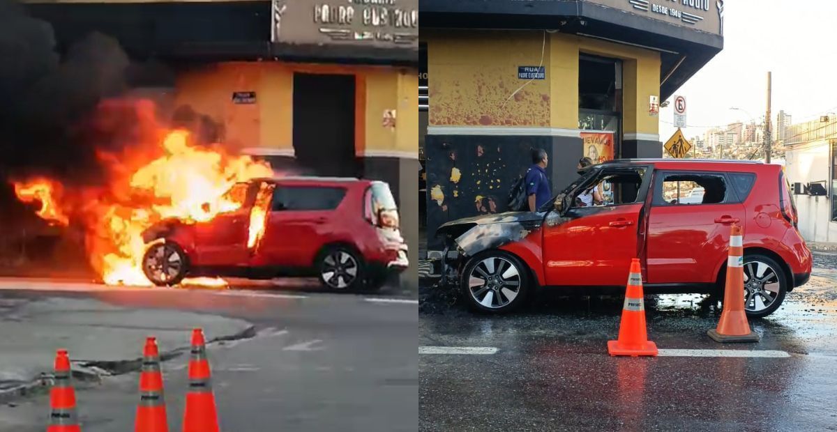 Carro pega fogo na rua Padre Eustáquio, na região noroeste de BH