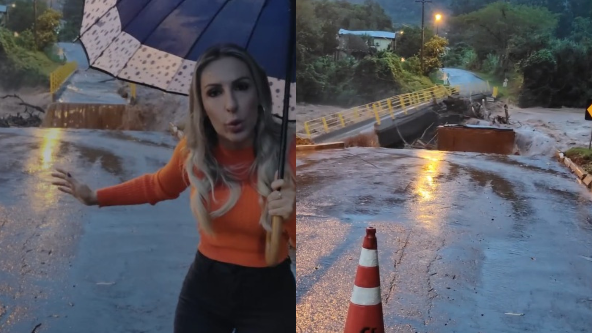 Vídeo: prefeita grava vídeo no momento em que ponte é arrastada por correnteza no RS