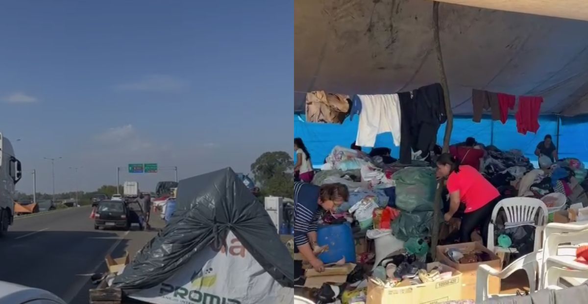Com casas destruídas, moradores da Ilha das Flores acampam à beira da estrada em Porto Alegre