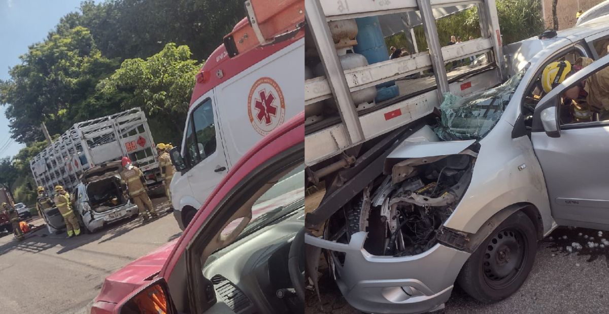 Adolescente e criança ficam gravemente feridos em acidente entre carro e caminhão em BH