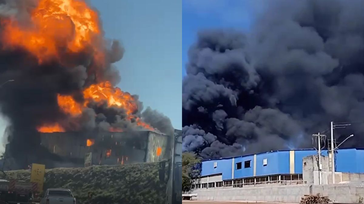 Incêndio de grandes proporções atinge galpão de plásticos na Grande BH