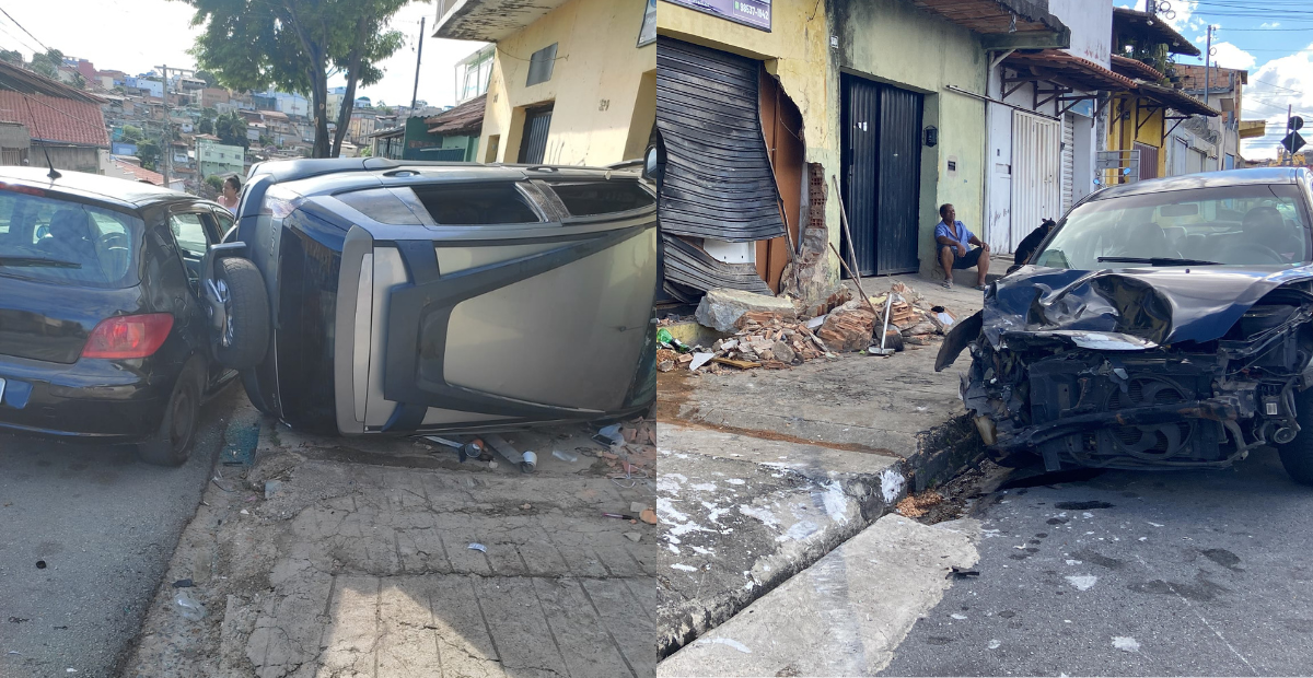 Vídeo: carro bate em outro veículo estacionado, capota e destrói frente de loja em BH