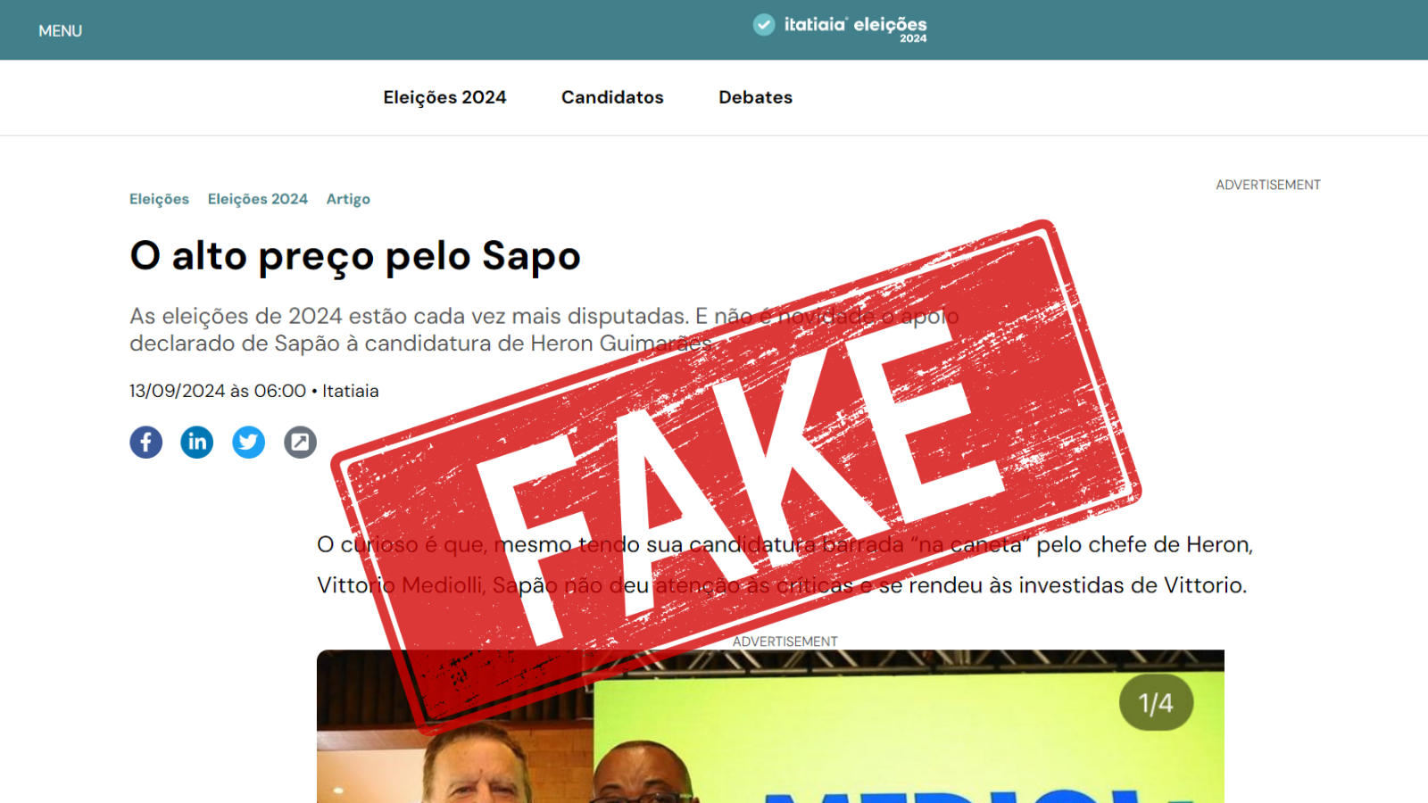 É falsa a matéria “O alto preço pelo Sapo”, atribuída indevidamente à Itatiaia, sobre as eleições em Betim