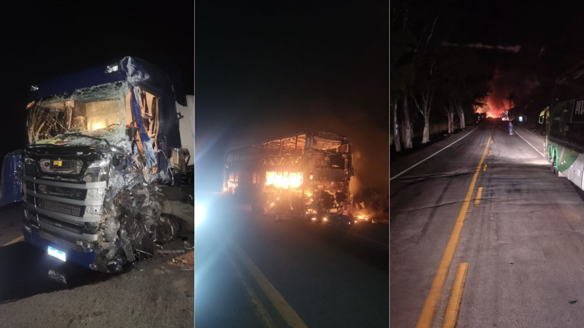 Ônibus de turismo pega fogo após ser atingido por carreta carregada de leite na BR-262, em Córrego Danta (MG)