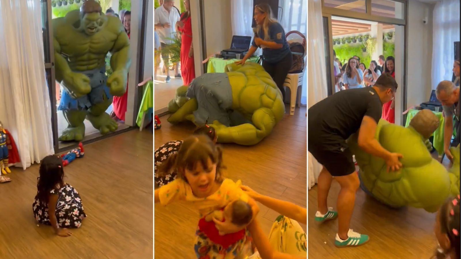 Vídeo: Hulk cai na entrada de festa infantil e assusta crianças