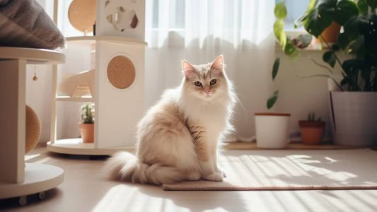 Gato sentado no meio de uma sala de estar