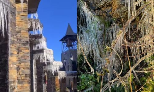 O dia mais frio do ano em Santa Catarina teve sincelo, chafariz congelado e via interditada por excesso de gelo