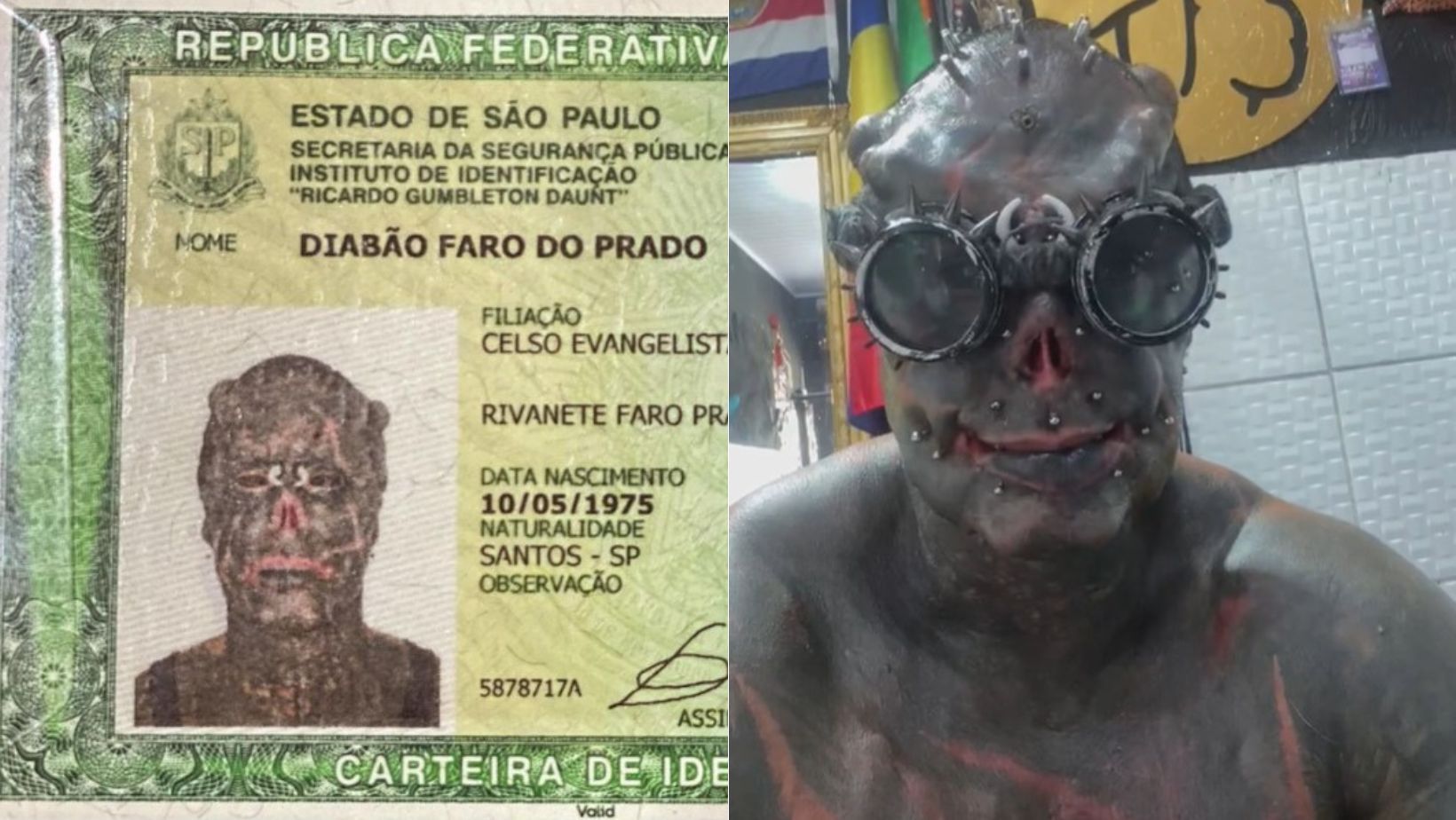 Diabão: tatuador com 16 modificações corporais mostra nome e fotos atualizados em documento