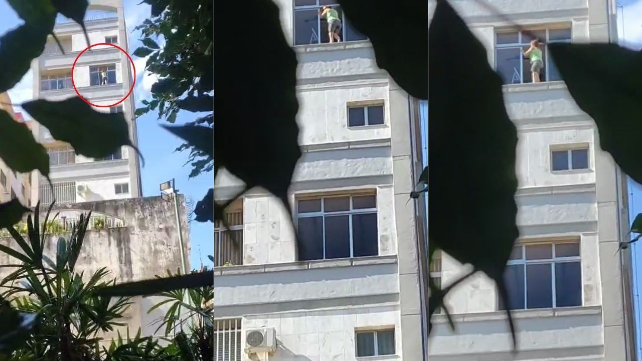 Vídeo mostra mulher limpando janela do 6º andar pelo lado de fora em BH