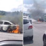 Carro pega fogo e interdita parcialmente a BR-040, em Contagem (MG)