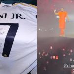 Vini Jr. curte show de Drake e presenteia rapper com camisa do Real Madrid