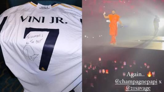 Drake publicou foto da camisa que ganhou; Vini Jr. gravou vídeo do show, em momento que 21 Savage fazia uma participação especial
