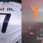Vini Jr. curte show de Drake e presenteia rapper com camisa do Real Madrid