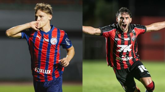 Dell, do Bahia, e Martínez, do Vitória, comemoram gol na primeira fase do Campeonato Baiano