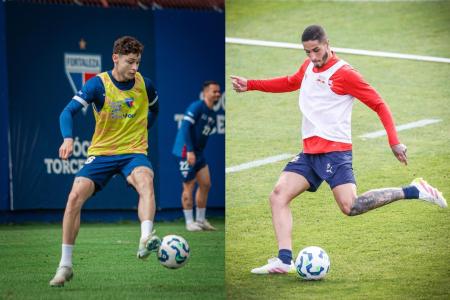 Diogo Barbosa, do Fortaleza, e Praxedes, do RB Bragantino, em treino de suas equipes