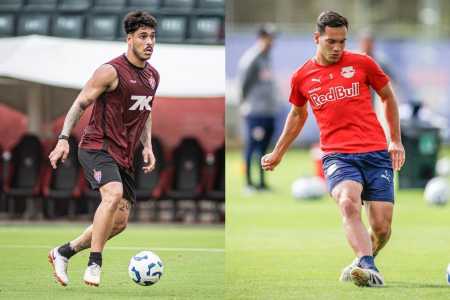 Zagueiro Lucas Halter, do Vitória, e volante Fabinho, do RB Bragantino, em treino de suas equipes