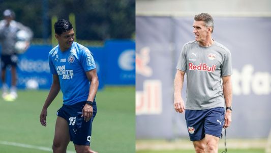 Erick Pulga, atacante do Bahia, e Vagner Mancini, técnico do RB Bragantino, durante treino das equipes