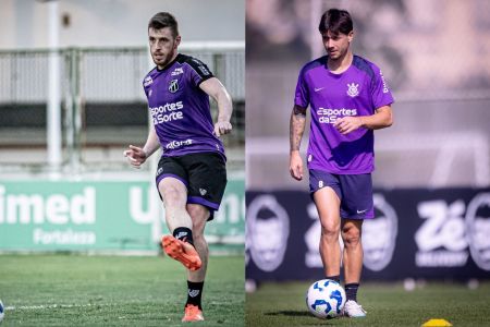 Aylon, do Ceará, e Rodrigo Garro, do Corinthians, durante treino de suas equipes