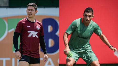 Osvaldo, do Vitória, e Serna, do Fluminense, durante treino das equipes