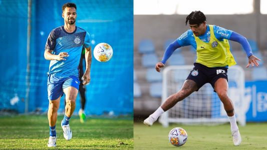 Zagueiro Valdo, do Confiança, e lateral Gilberto, do Bahia, durante treino das equipes
