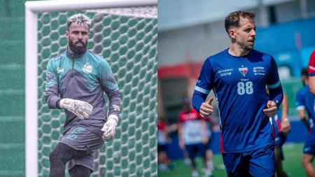Goleiro Jandrei, do Juventude, e volante Lucas Sasha, do Fortaleza, durante treino das equipes