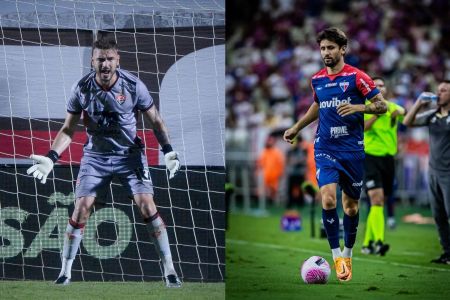 Goleiro Gabriel e volante Pedro Augusto em campo por Vitória e Fortaleza, respectivamente