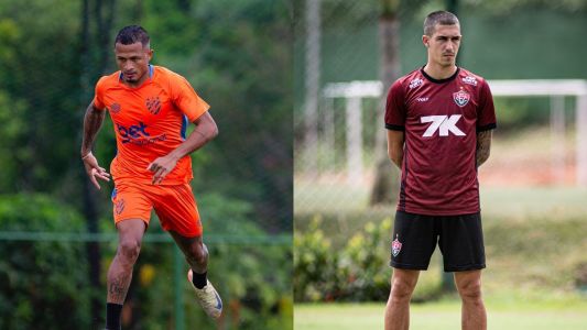 Atacante Léo Pereira, do Sport, e meia Cantalapiedra, do Vitória, durante treino das equipes
