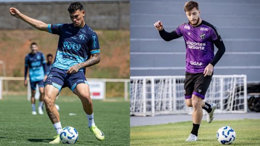 Cristian, do Mirassol, e Willian Machado, do Ceará, durante treino das equipes