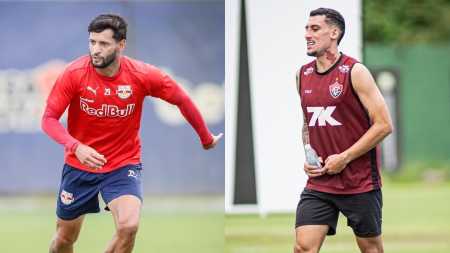 Juninho Capixaba, do RB Bragantino, e Gabriel Baralhas, do Vitória, durante treino das equipes