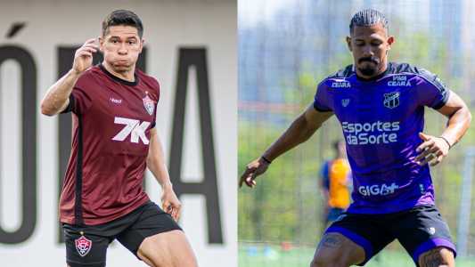 Atacante Osvaldo, do Vitória, e volante Fernando Sobral, do Ceará, durante treino das equipes