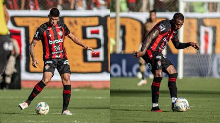 Zagueiro Camutanga e volante Dudu em campo pelo Vitória na temporada 2024