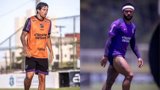 Lucas Mugni, do Ceará, e Memphis, do Corinthians, durante treino das equipes