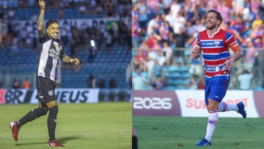 Matheusinho, do Ceará, e Lucas Sasha, do Fortaleza, comemoram gols nas semifinais do Campeonato Cearense